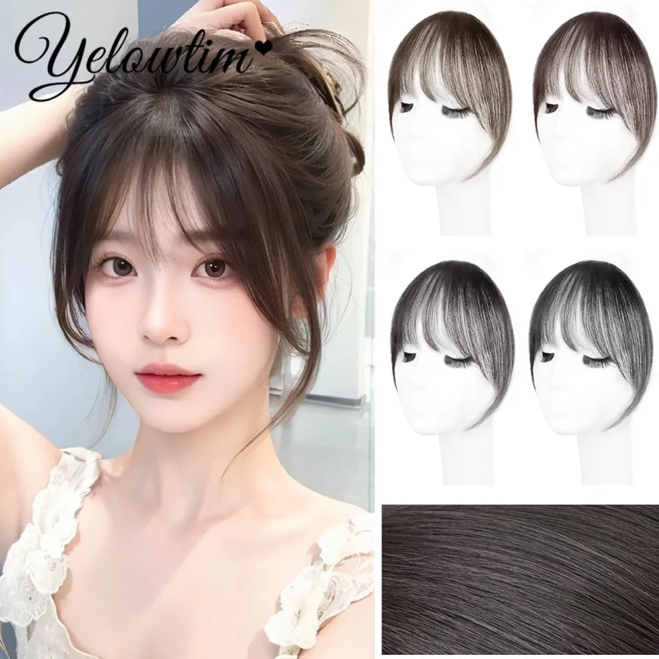 Real Hair Wig Middle Part Topper Hairpiece with Bangs Clip-In Bangs Extension Natural Invisible Clourse Hairpiece for Women