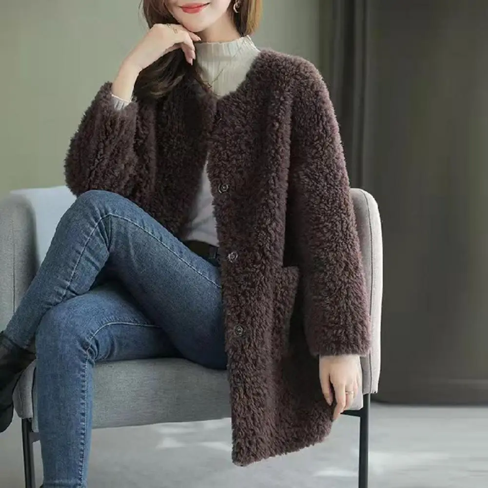 

Women Outerwear Stylish Plush Winter Coat with Single Breasted Design Pockets Mid-length Imitation Fur Outerwear for Women Solid