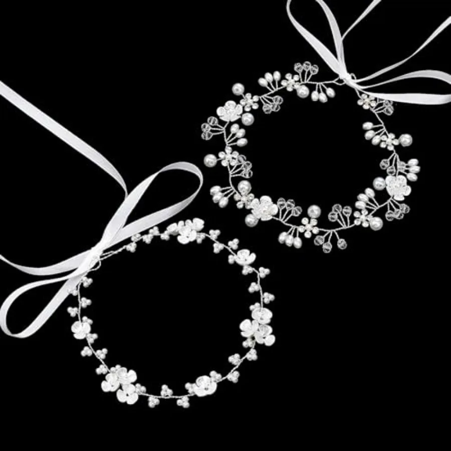 

Flower Girl Hair Accessory, 2PCS Flower Girl Headband for Wedding, Princess White Flowers Pearl Hair Dress for Bride, Rhineston
