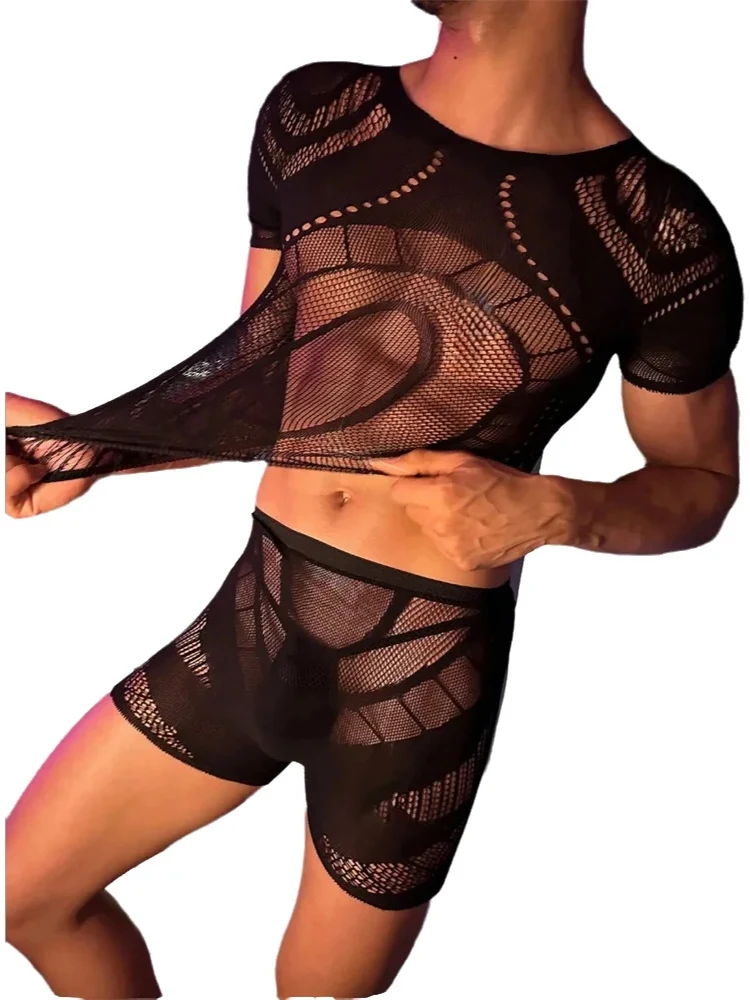 

FHSEER Men's Sexy Mesh Lingerie Set with Cutout Patterns-Short Sleeve Top & Sheer Shorts Exotic Underwear for Intimate Moments