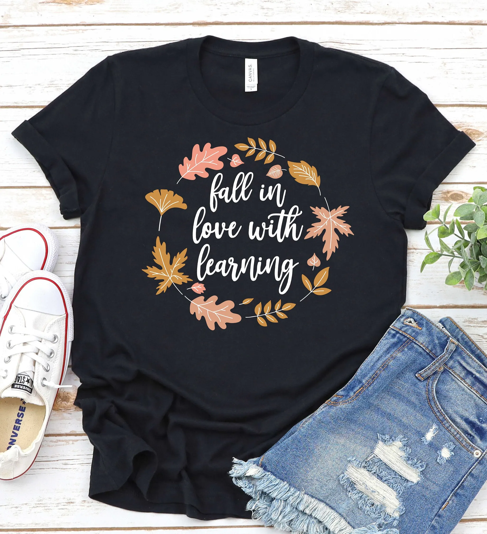 Fall In Love With Learning Teacher T Shirt Thanksgiving Autumn Appreciation