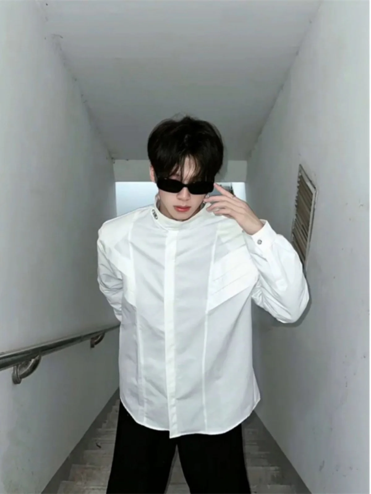 

Men's Long Sve Pleated Stand Collar irt Summer Faion Brand Sun Protection Outerwear Trendy Haome High-End Feeling