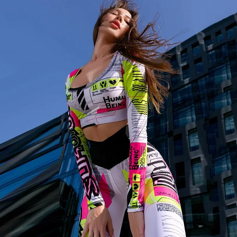 Oshoplive 2025 New Women Fashion Color-Block Letter Printed Long Sleeves Tops & High Waist Leggings Fitness Yoga Two Piece Sets