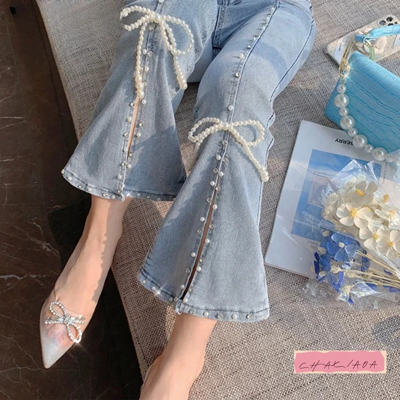 

Fashion Heavy Industry Split-ended High-waisted Pants Sweet Fashion Bow Flared Slim-fitting Retro Womens Pants Spring Autumn