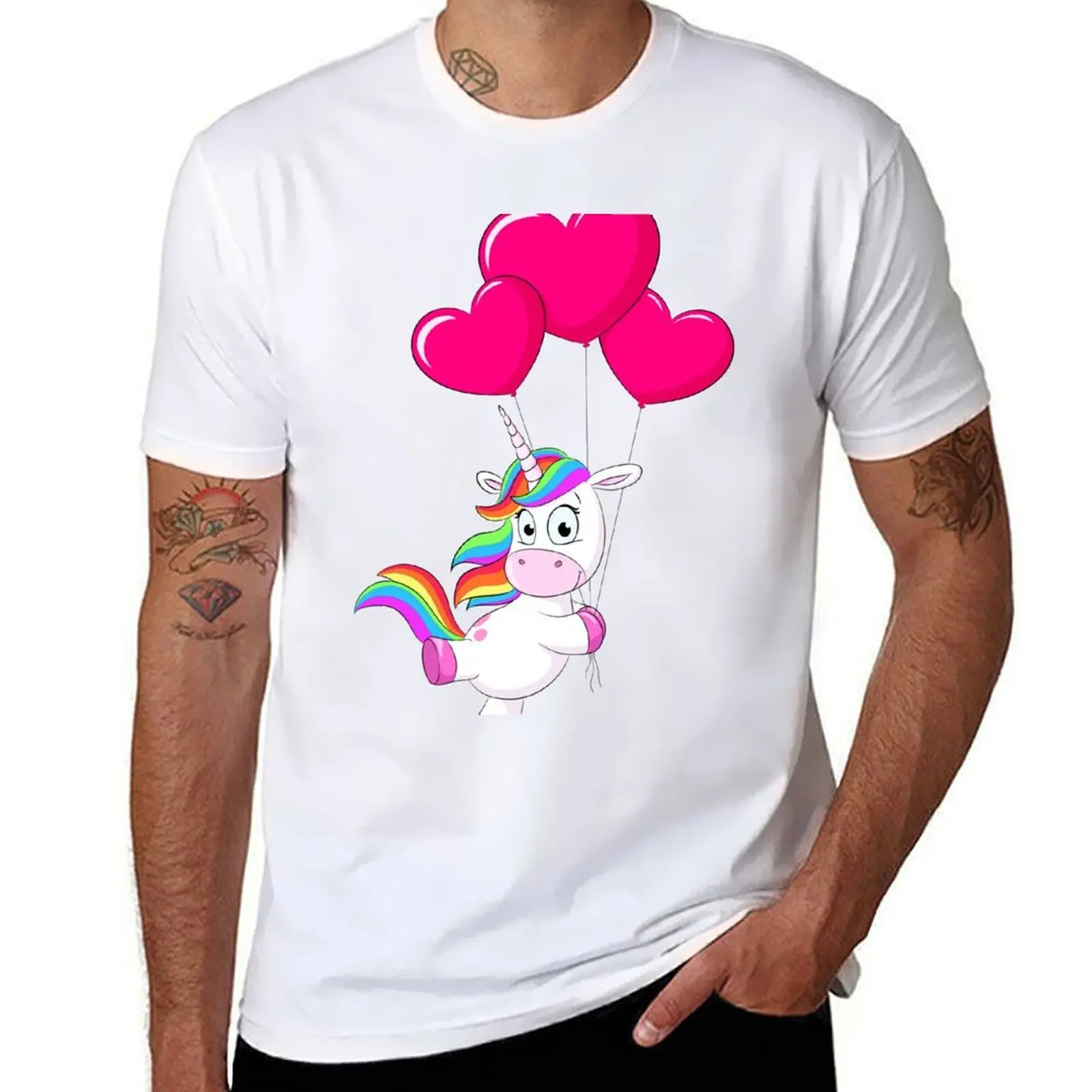 Lindo unicornio flotó en globos de corazón camiseta camisetas diseñador Camiseta de algodón negro liso para hombre paquete camiseta