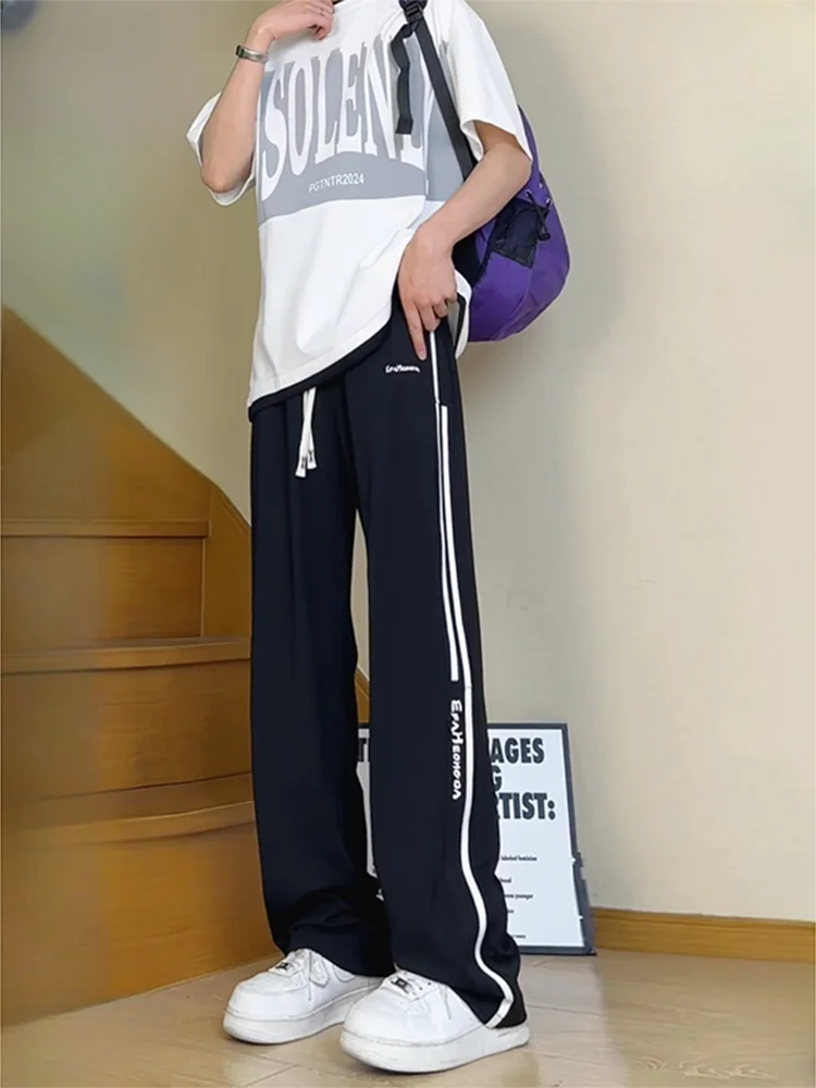 

Мужские повседневные брюки из ледяного шелка в полоску, универсальные, модные, в гонконгском стиле, прямые, зауженные, широкие, летние, для отдыха