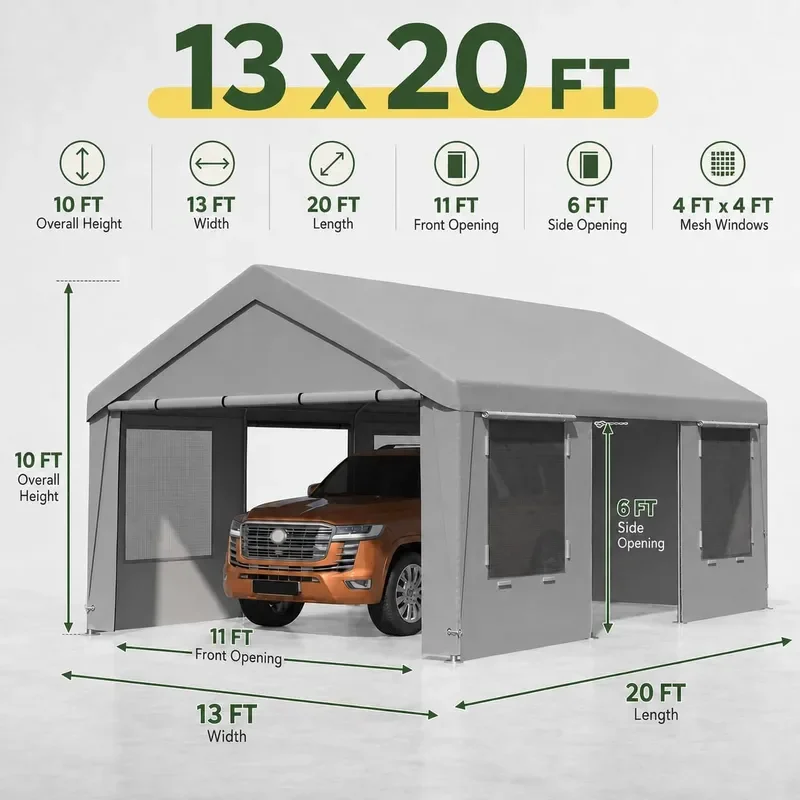13x20 FT Heavy Duty Carport Portable Garage with Roll Up Windows