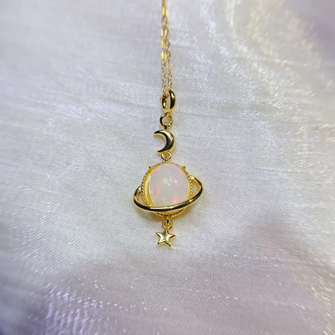 

Star and Moon Design Exquisite Large Natural Opal Pendant S925 Silver Elegant Bold Luxury Jewelry