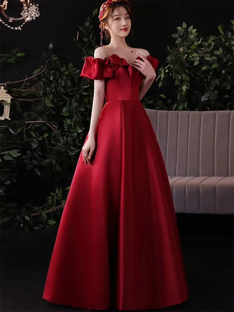 Wine Red Satin Dress Women Spring Summer New Solid Color Strapless Long A-line Skirt Elegant Female Clothing M121