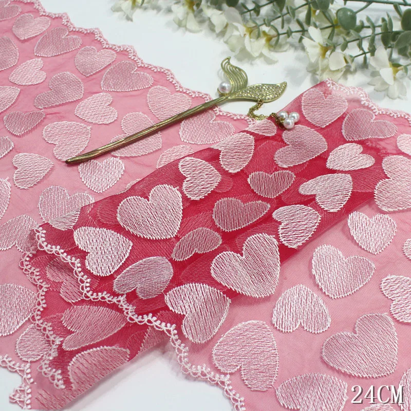 23Yards Embroidered Tulle Lace Trim DIY Dress Sewing Craft Pink Hearts Mesh Bilateral Embroidery Lace for Needle Work