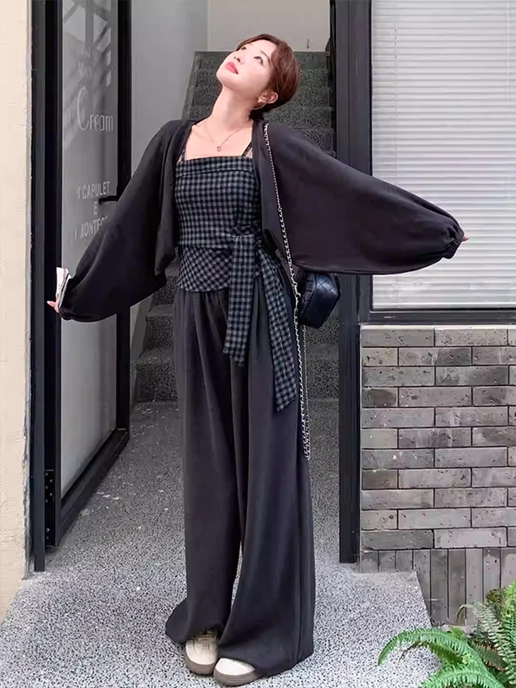 

Женский комплект в стиле ретро Faion, осень 2024, новинка, широкие брюки в клетку с широкими штанинами, комплект из футболки, повседневная одежда