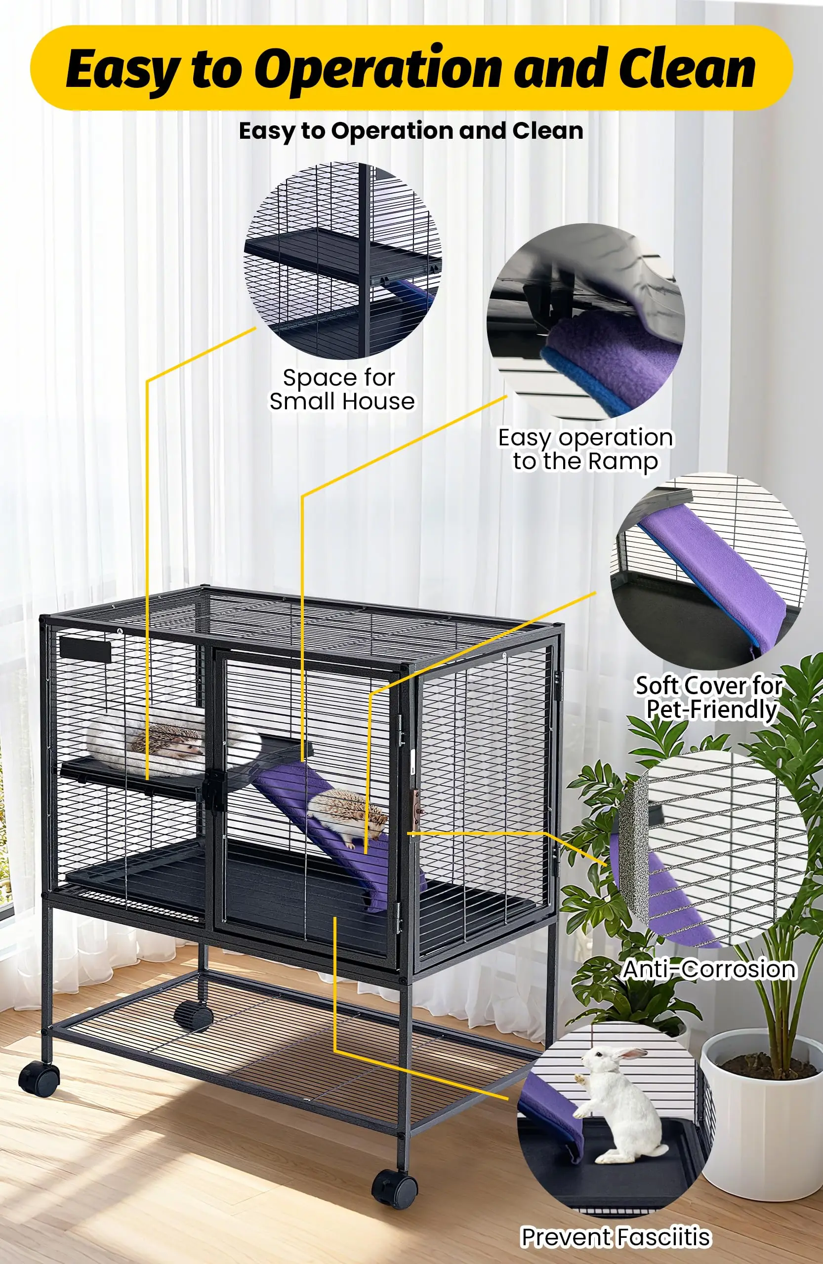Gabbia in metallo per piccoli animali, 91 cm, habitat a più livelli per furetti e criceti, con rampa e supporto per riporre gli accessori, vassoio rimovibile, ideale per cincillà, conigli, porcellini