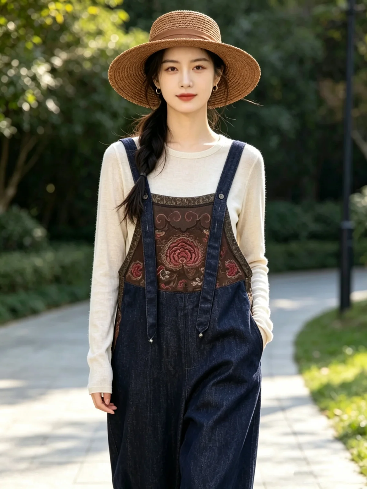 National style jeans overalls Blue cotton linen embroidery Women's cargo Pants Vintage loose casual denim pants High quality