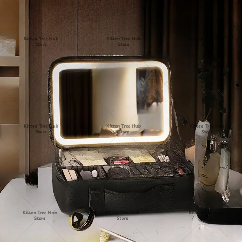 Cosmetic bag with led light mirror Skin care product storage bag Portable large-capacity makeup storage box