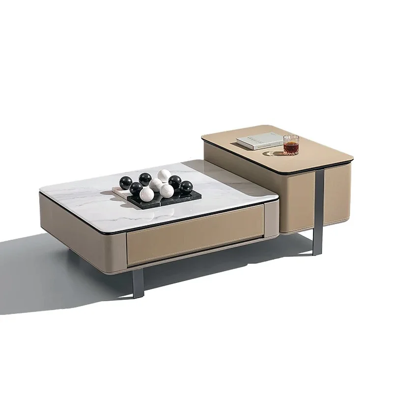 

ls 04Leather Minimalist Table Combination Modern Simple Light Luxury Supercrystalline Stone Rectangular Can Be Lifted and Lower