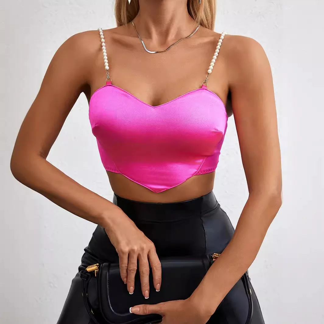 Body rosa con spalline elastiche in spandex con perle Design a forma di cuore per ragazze Crop Top da donna a fascia