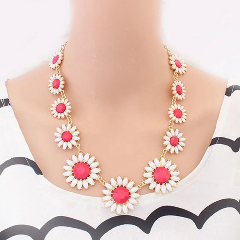New Trendy Enamel Crystal Daisy Flower Jewelry Set Women Statement Bib Necklace Dangle Earrings Bride Wedding Party Jewelry Set