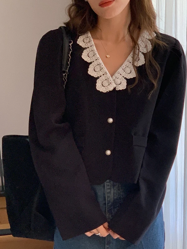 

Korean Sle Bubble Sve ort Length V-Ne Lace Collar Patchwork Suit Jaet Women's Loose Outerwear Polyester Fiber