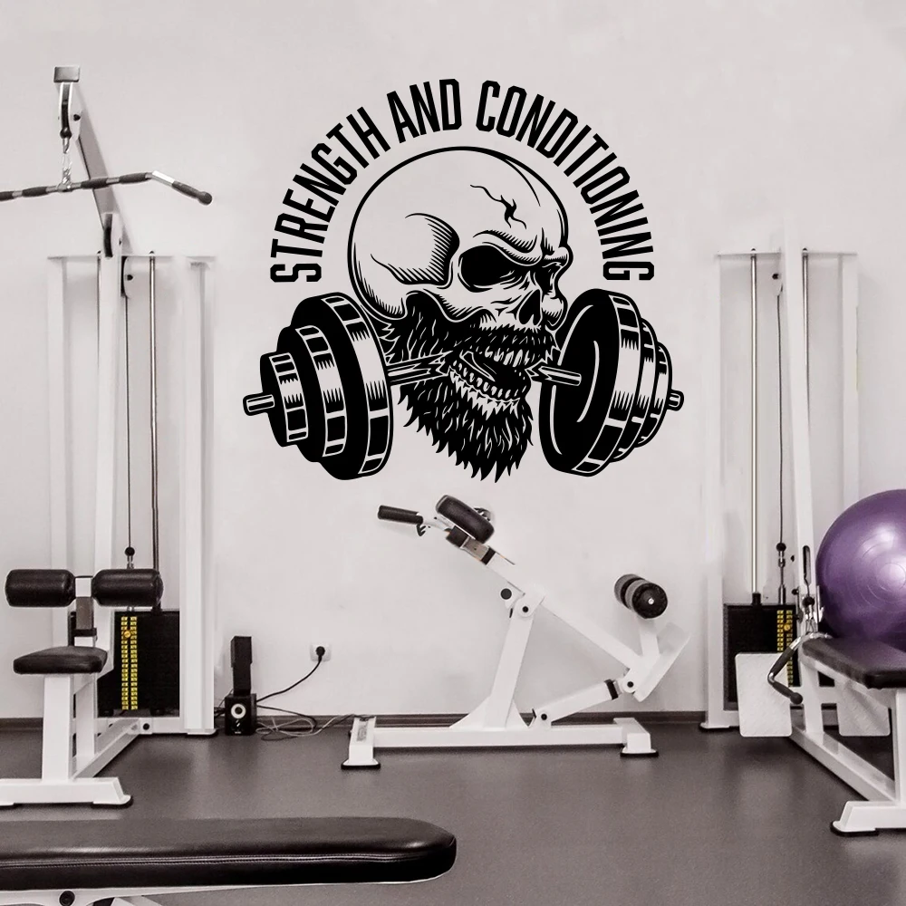 Strenght and Conditioning Skull Gym Wall Sticker Motivation Fitness Train Workout Crossfit Sport Vinyl Home Decor