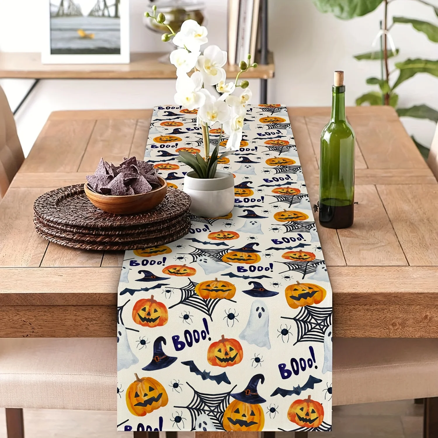 1 Piece of Halloween Themed Table Runner, Spider Web, Pumpkin and Witch Hat Design, Suitable for Parties, Restaurants, Homes, Markets, and Holiday Decoration Scenes.