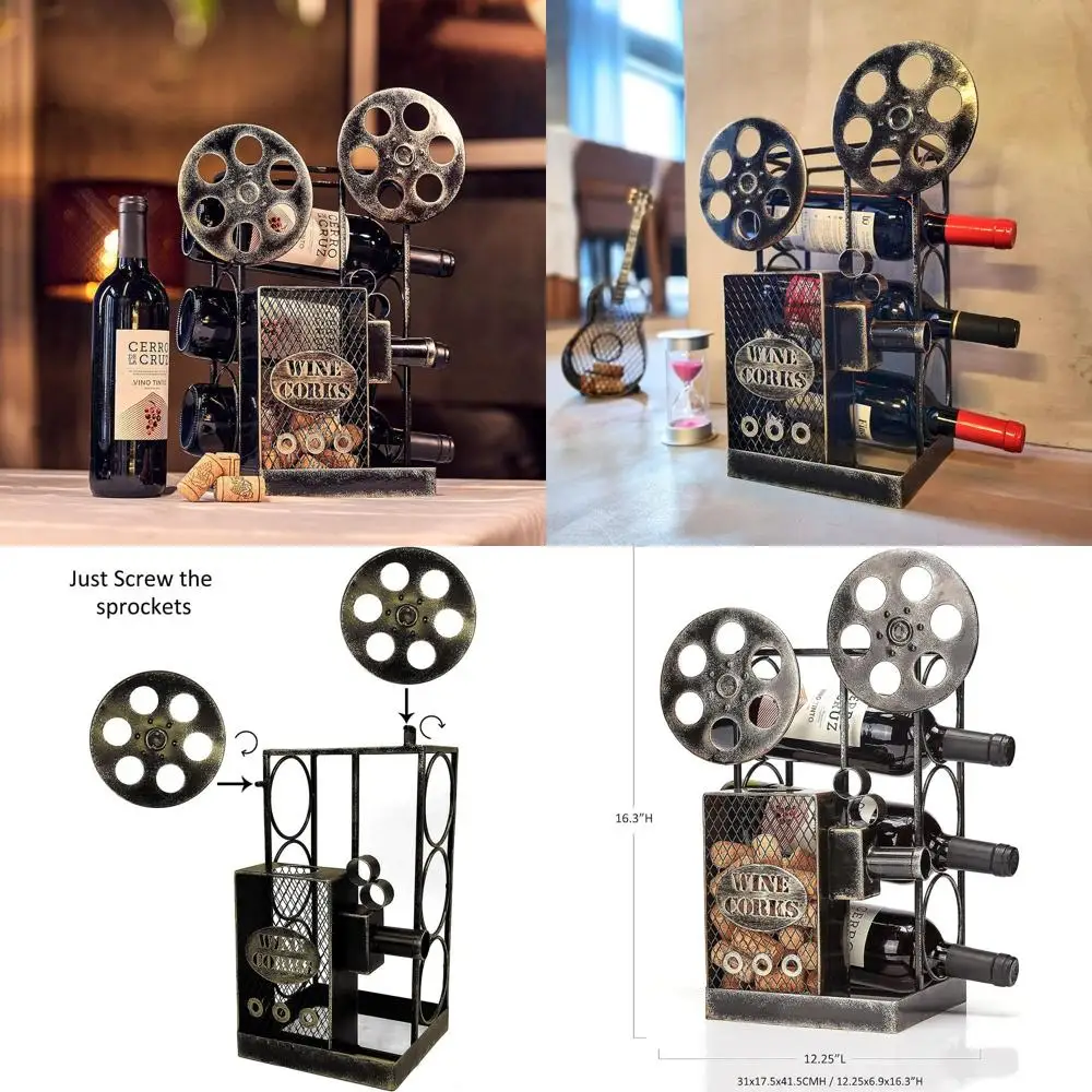 

Винная подставка в стиле винтажного кинопроектора на 3 бутылки с держателем для пробок — идеальный подарок для ценителей вина