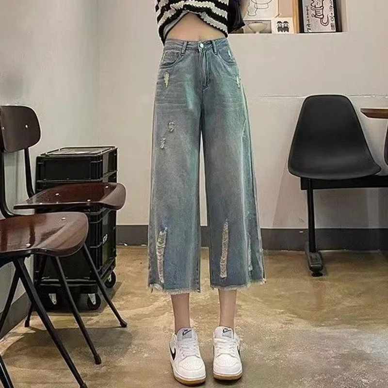 Damskie luźne spodnie jeansowe z szerokimi nogawkami na jesień 2025, damskie spodnie jeansowe o długości 7/8, sprane, z prostymi nogawkami, damskie spodnie kowbojskie z wysokim stanem.