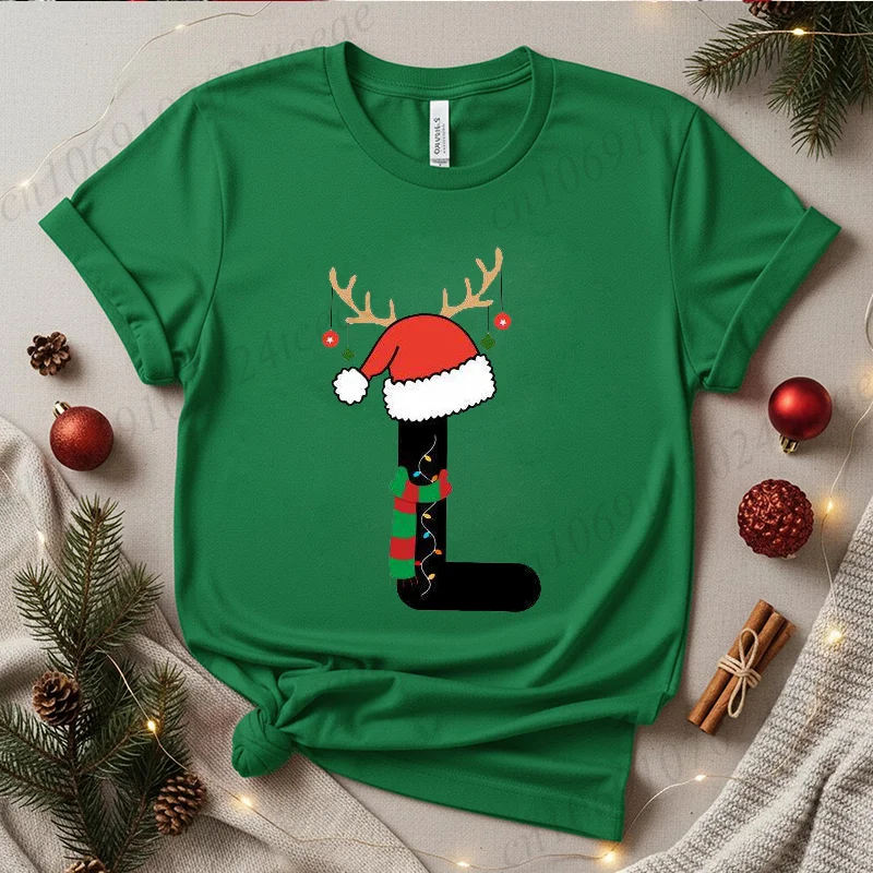 Damska świąteczna koszulka z alfabetem, pasujące piżamy rodzinne na Boże Narodzenie, strój na imprezę, świąteczny nadruk z monogramem, bluzka z krótkim rękawem.