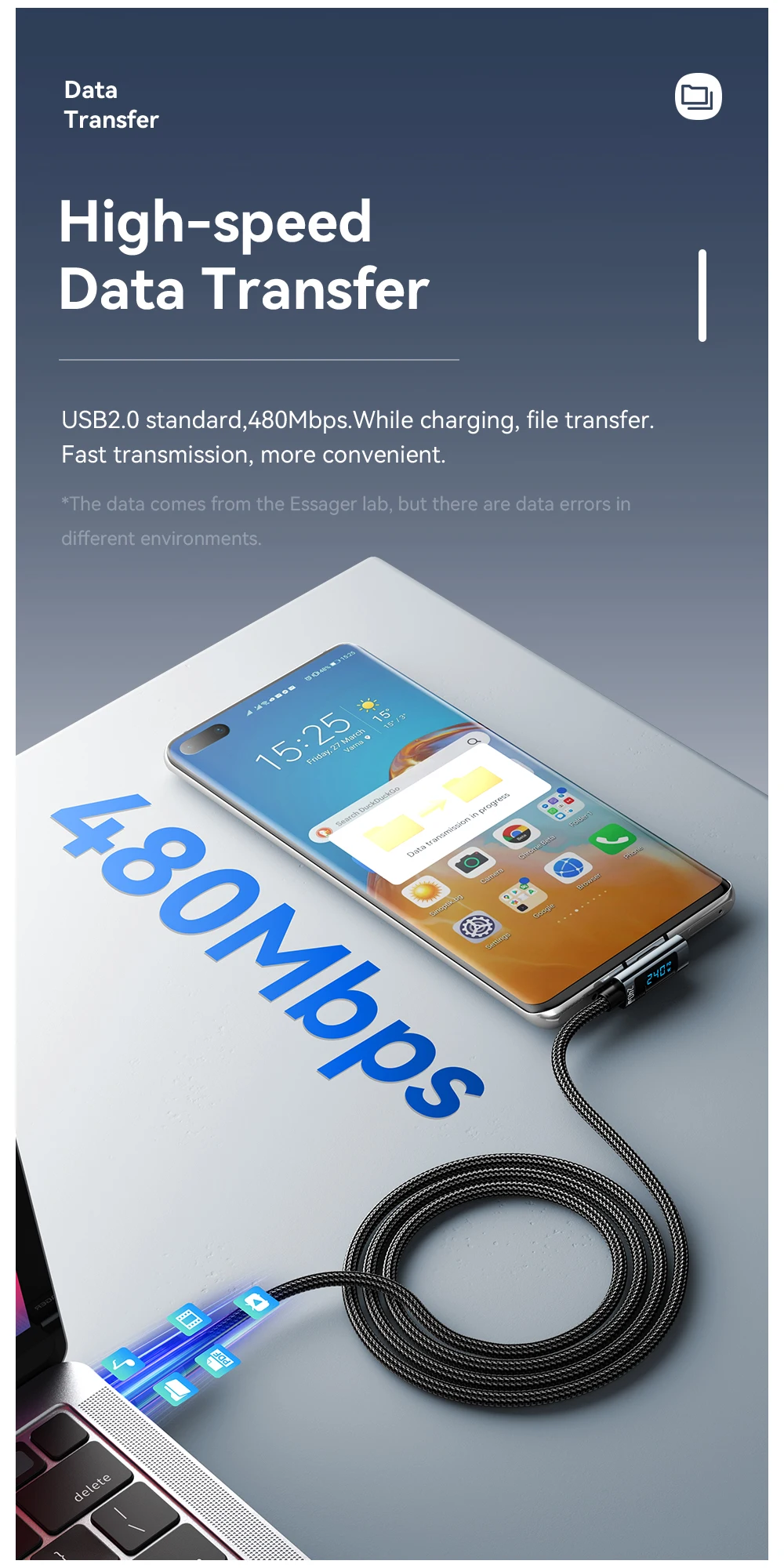 Essager 240W Typ-C-zu-Typ-C-Kabel 90-Grad-Winkel 5A Schnellladekabel Typ-C Digitalanzeigekabel für iPhone MacBook Pro Xiaomi – Detail 7