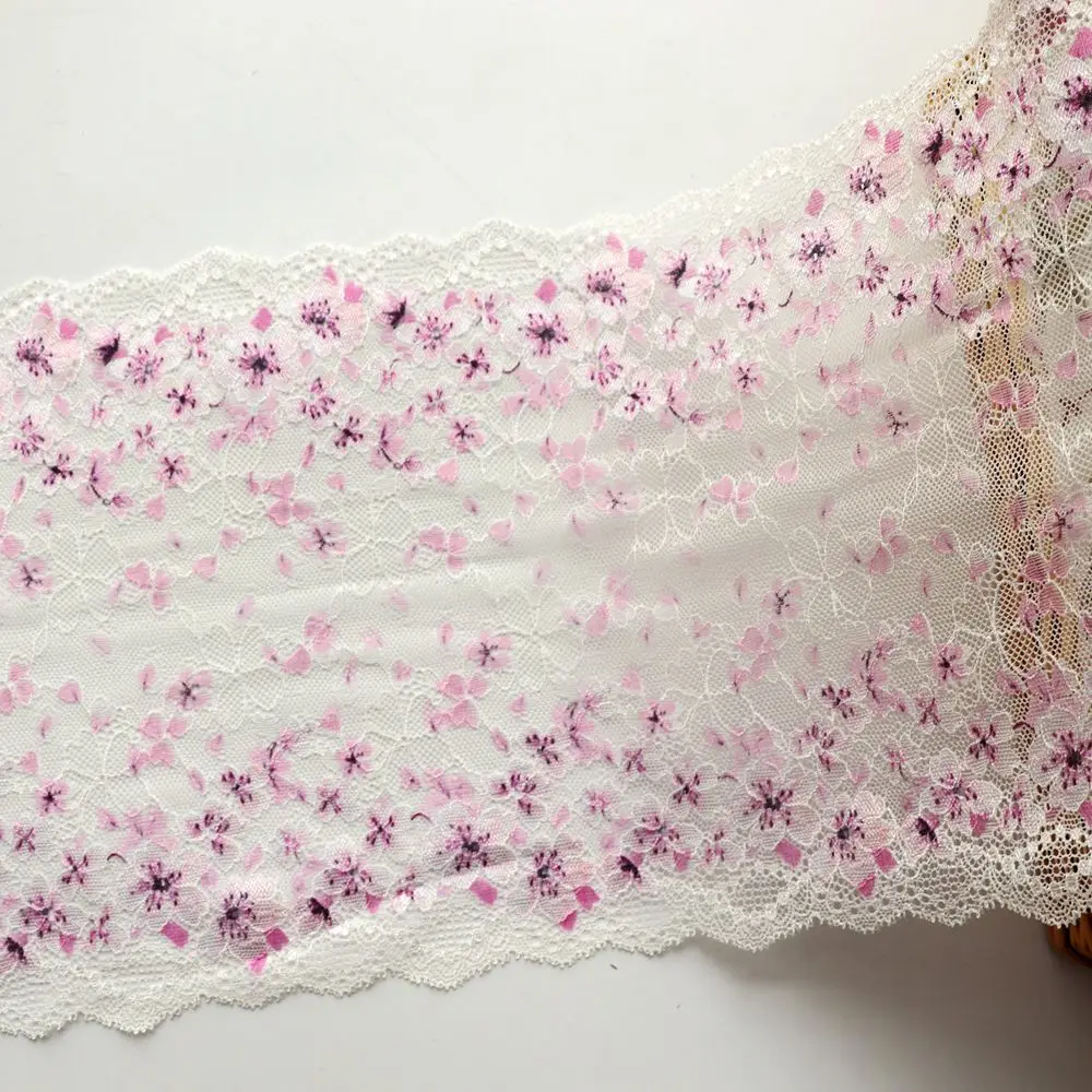 2 Yards 22 CM Width Small Floral Printed Stretch Elastic Lace Trim White Fabric Garment Bra Underwear Lingerie Sewing Trimmings