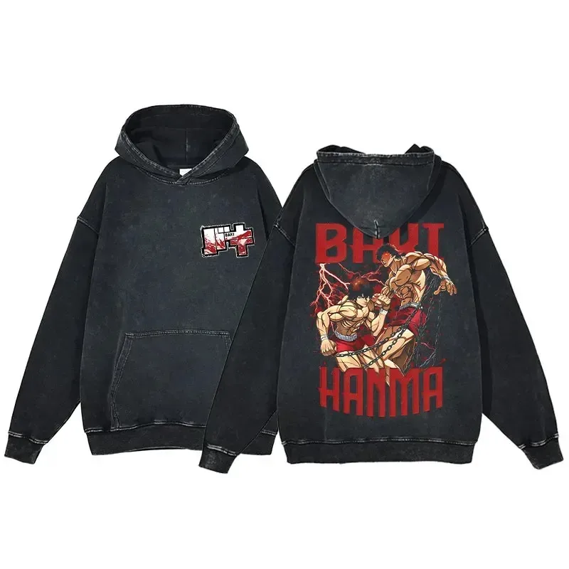 

Japan Anime Baki Hanma Baki Yuujirou Hanma Printed Washed Hooded Men Manga Cotton Hoodies Vintage Streetwear Harajuku Sweatshirt