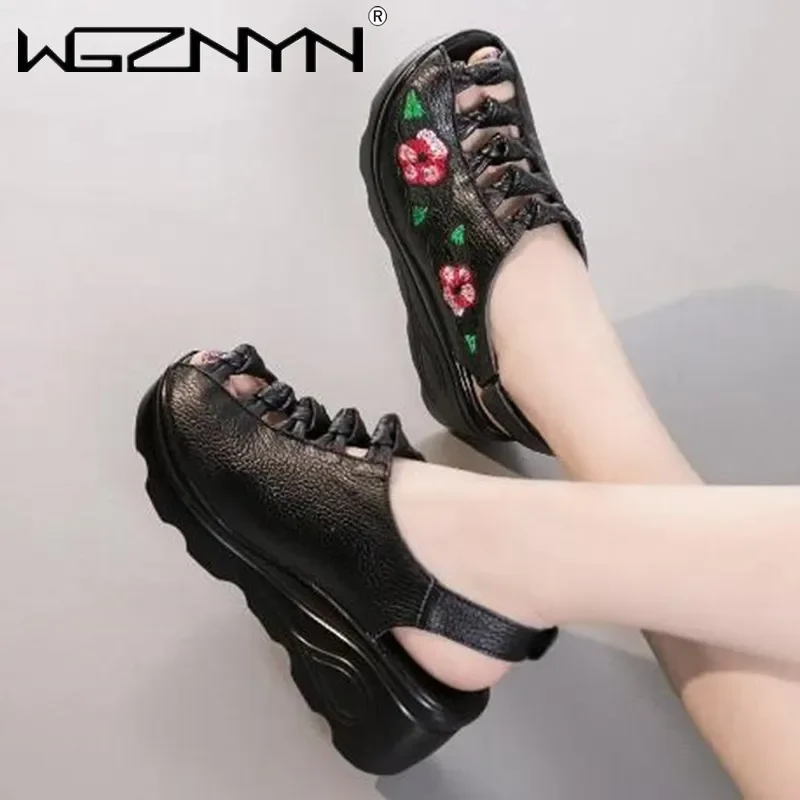 Fashion Genuine Leather Embroidery Sandals for Women 2025 New Retro Casual Summer Platform Sandals Women Wedges High Heel Shoes