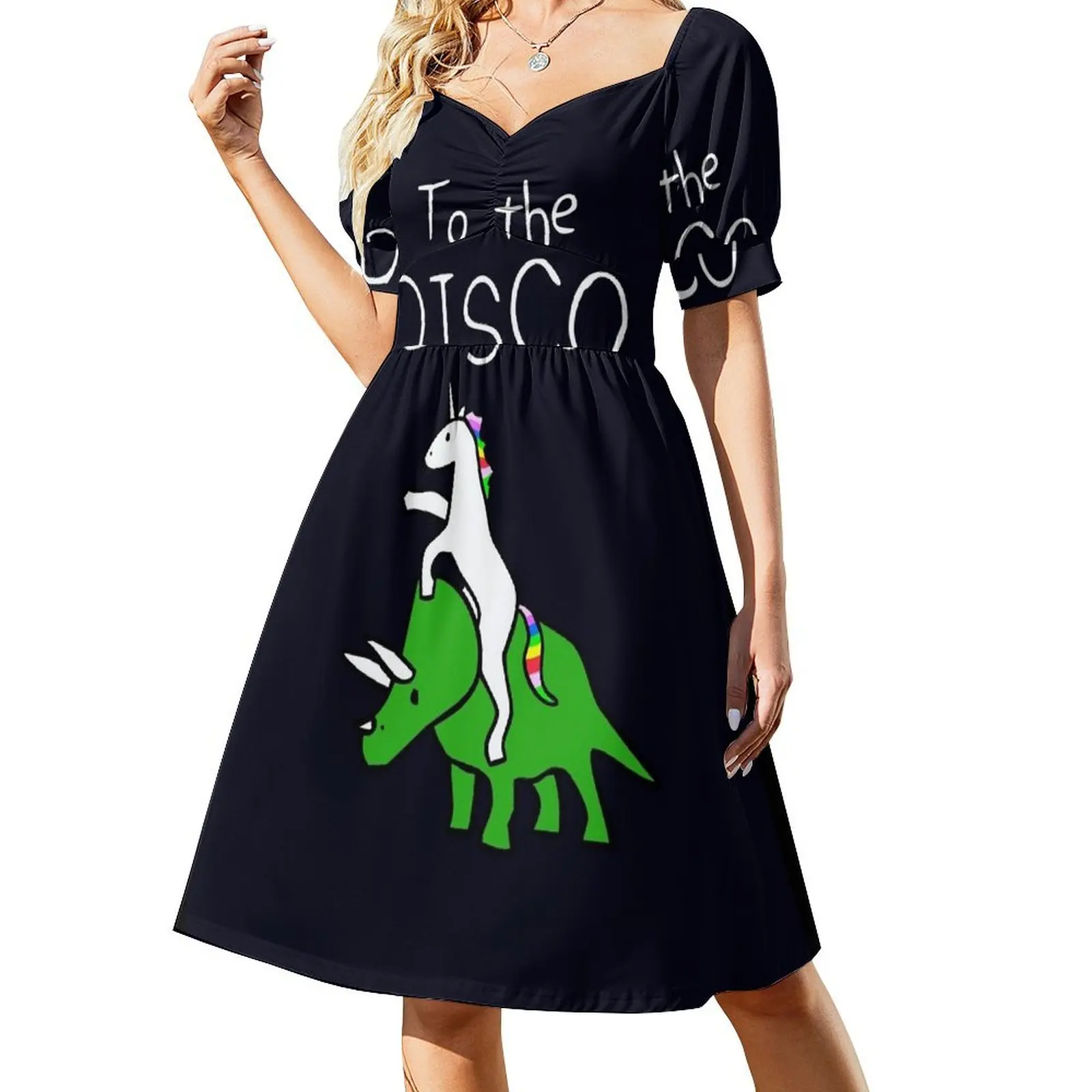 To The Disco (white text) Unicorn Riding Triceratops Short Sleeved Dress womens clothing Woman dresses Dress