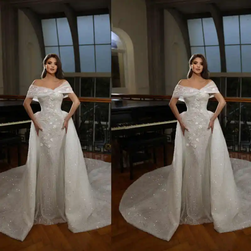 

Великолепные свадебные платья русалки без рукавов со шлейфом и кружевом с блестками, свадебные платья со съемным шлейфом, большие размеры по индивидуальному заказу