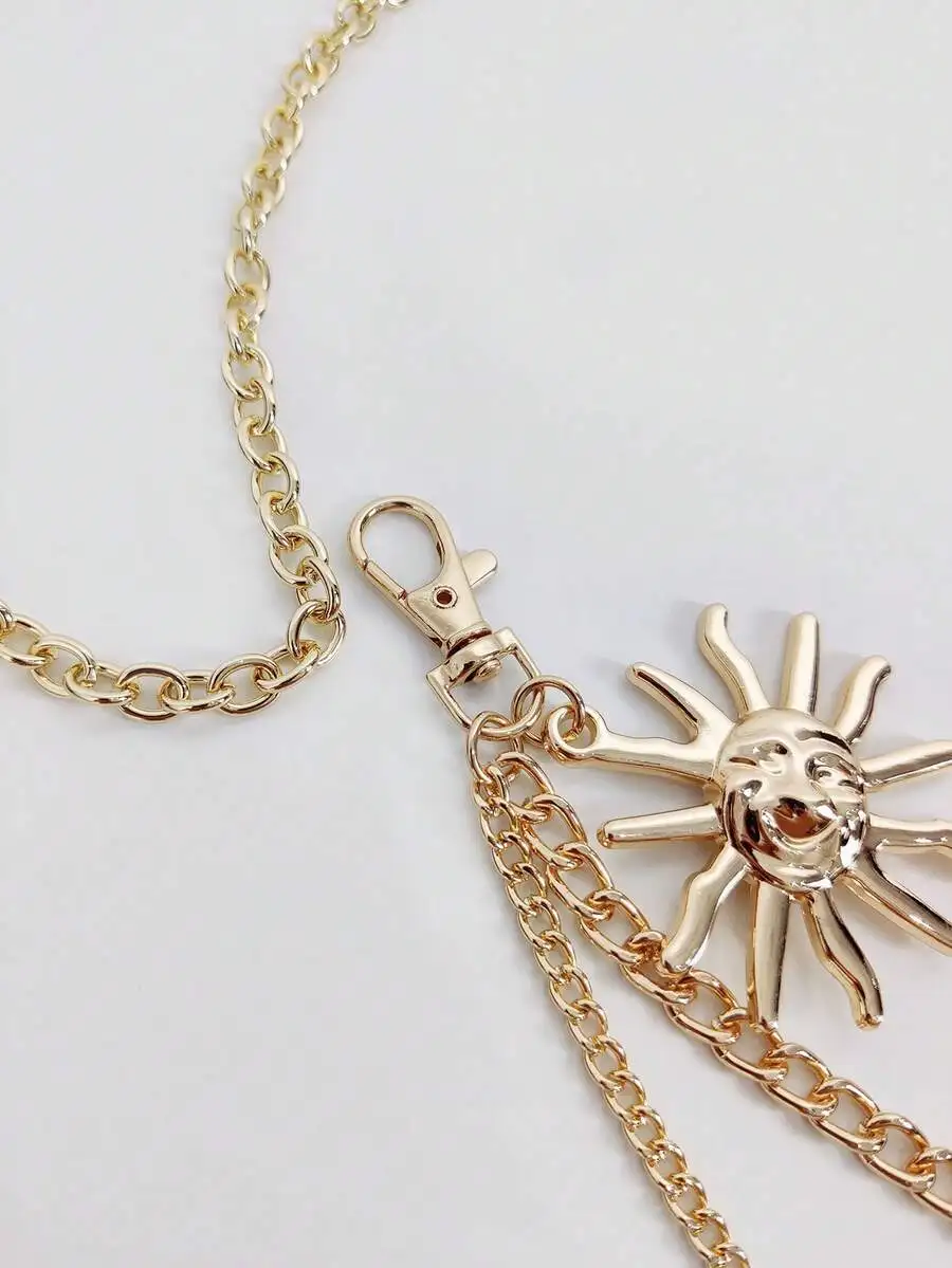 1pc Women's Fashionable Gold Metallic Sunflower Chain Waist Belt, Casual Tassel Flower Body Chain Accessory Fall, Autumn, Hallow view 5