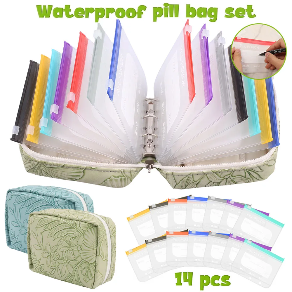 Waterproof A8 Pill Pouch Organizer Portable Travel Vitamin Storage Bag with 14Color Zipper Coding Bag Binder Weekly Medicine Box