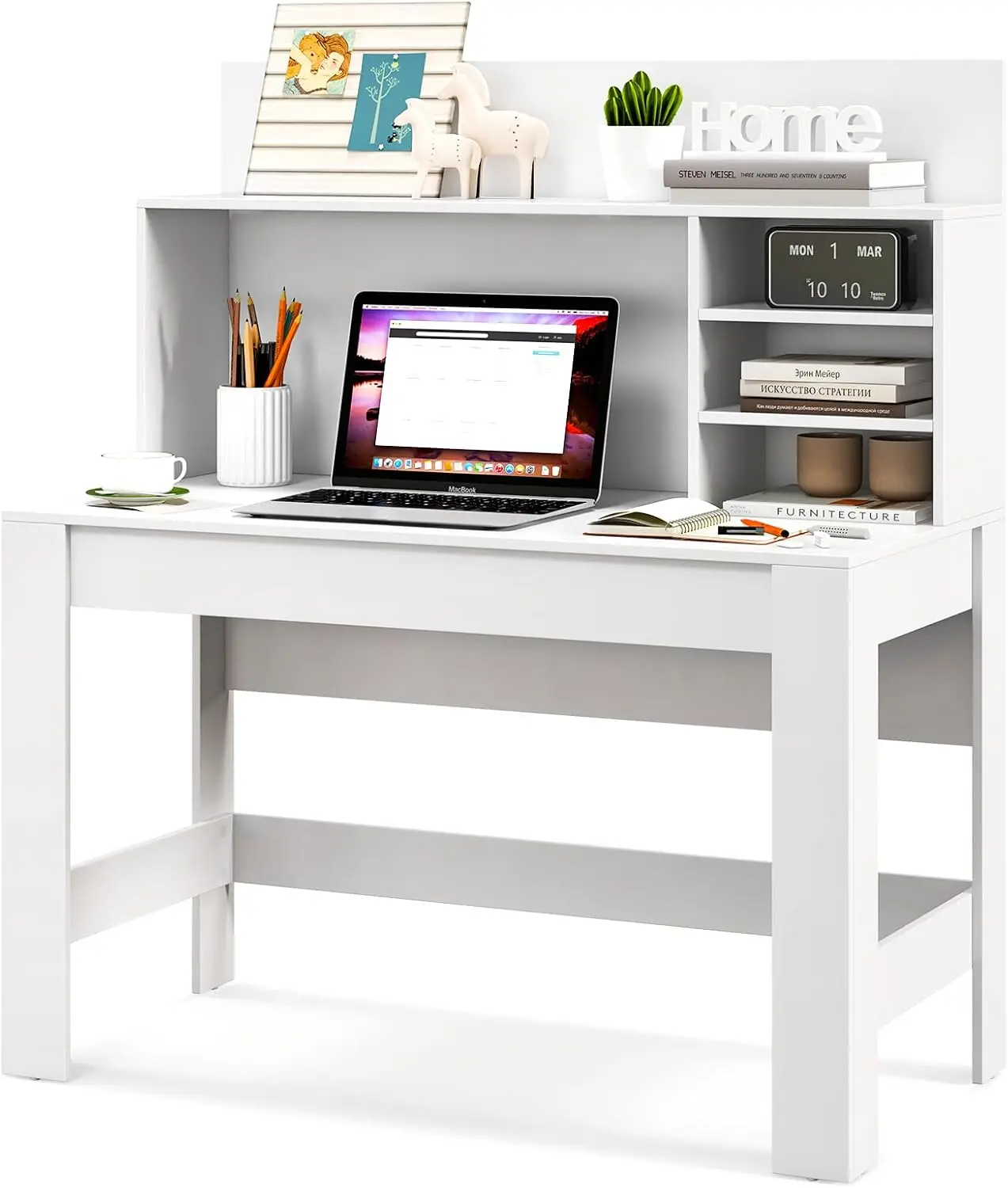 

White Desk with Hutch, Home Office Desk with Bookshelf, Writing Study Desk with Anti-Toppling Device & Cable Hole, Mode