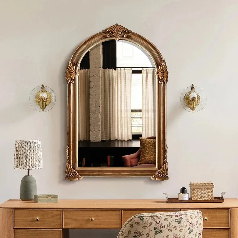 French retro carved wall hanging makeup mirror home living room entrance decorative mirror bedroom bathroom American dressing mi