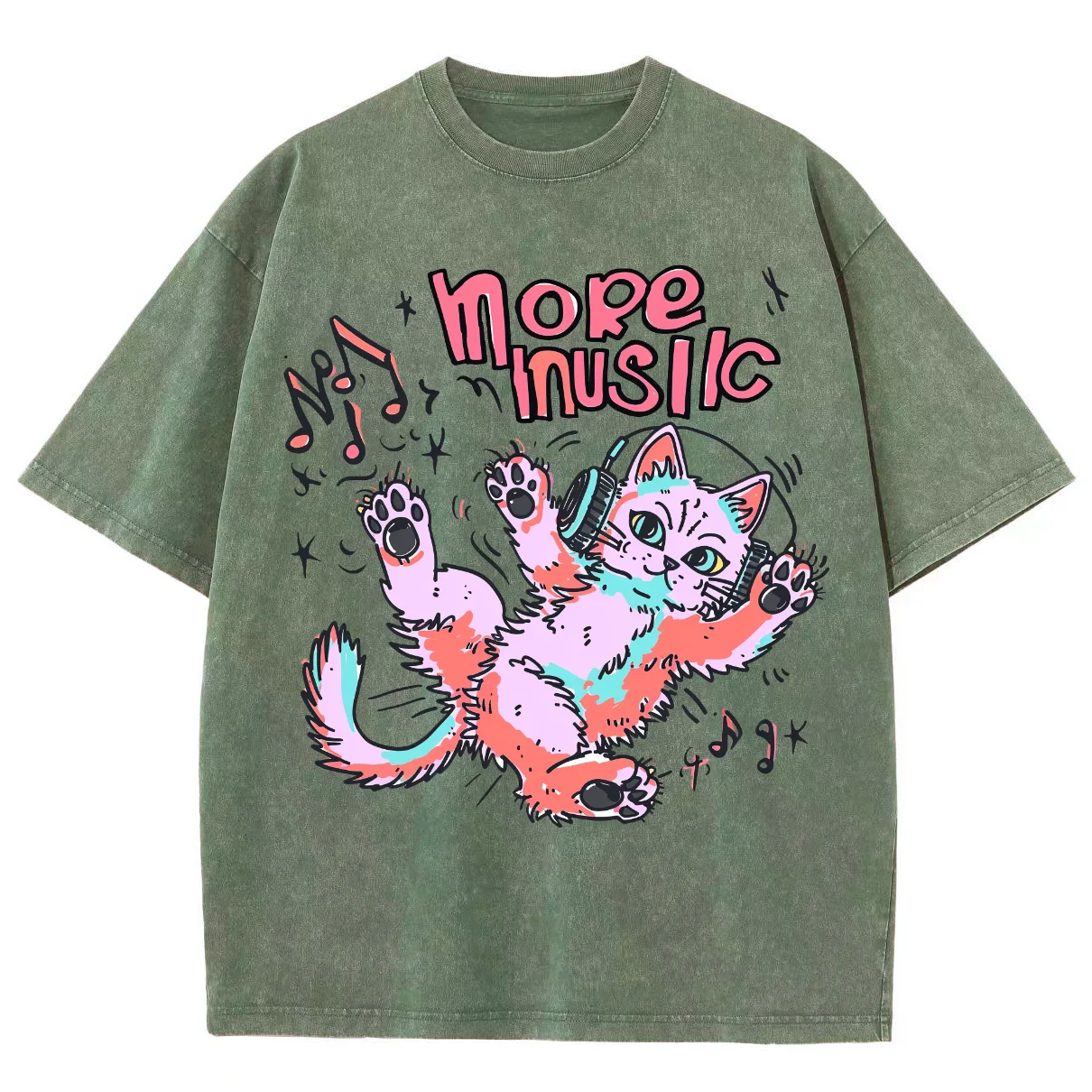 Unisex música gato gráfico lavado t-shirt, T-pescoço extragrande, rua Hip Hop, manga masculina e feminina, casal universitário, topo Y2K