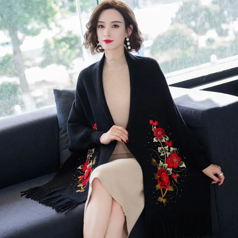 Poncho female spring and autumn ladies casual shawl coat mid-length cape cloak cashmere scarf cardigan full sleeve coat tops