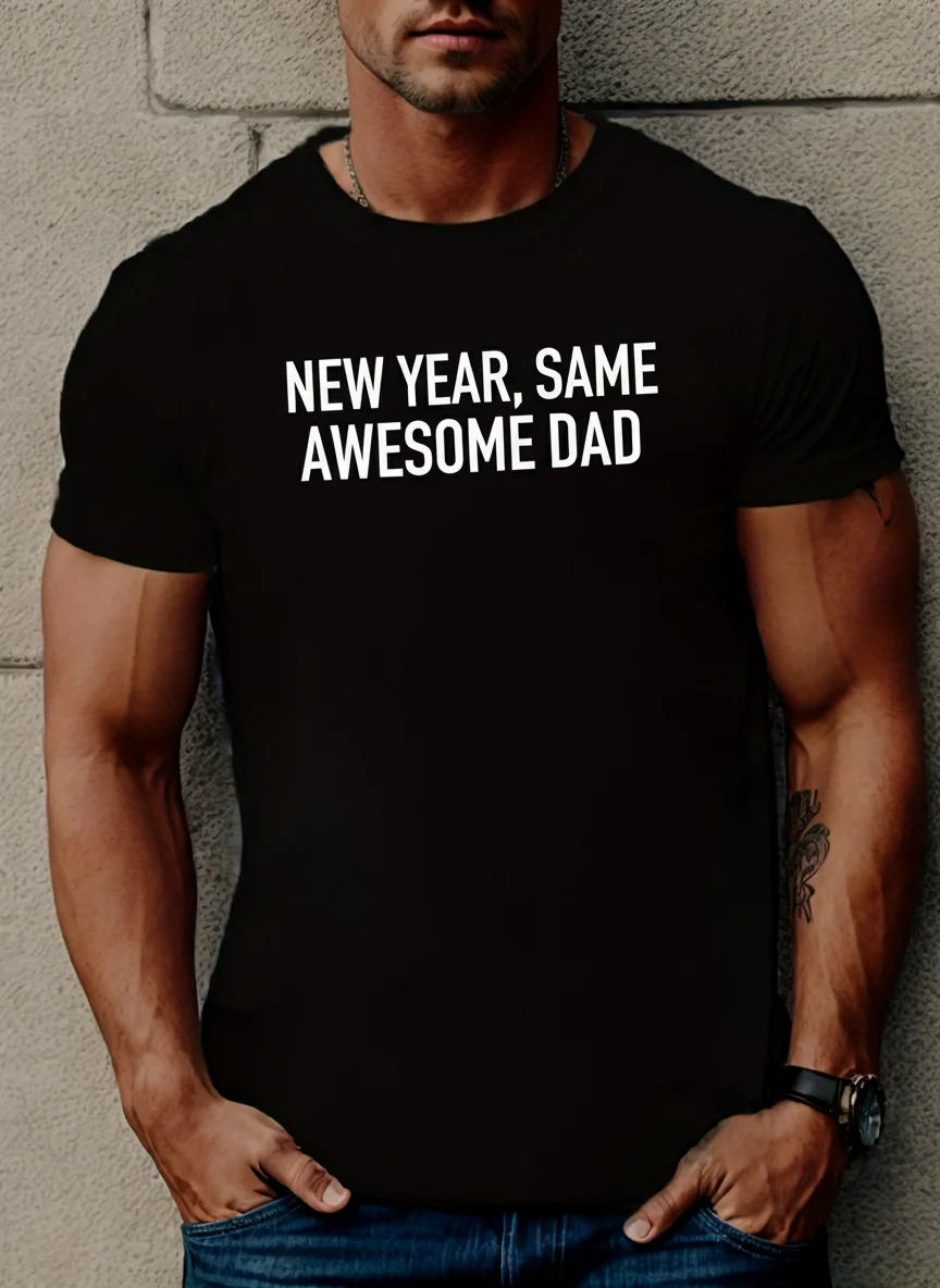 

Men's Casual Short Sleeve Graphic Tee - "New Year Same Awesome Dad" Slogan Print Crew Neck Summer T-Shirt for Men Comfortable