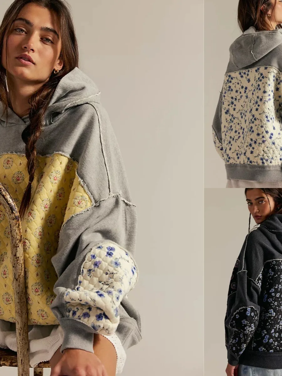 

Loose Fit Hooded Sweatirt Top Jaet Women's Casual Pullover Long Sve Polyester Fiber Splice Design Comfortable irt