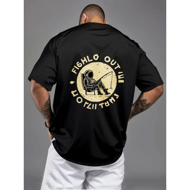 

Men's T-Shirt Black Astronaut Fishing Fishlo Out My Trail Printed Pattern & Text High Quality Cotton 180g