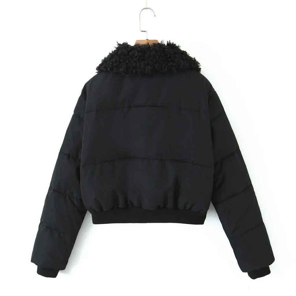 

Women's Black Lamb Fur Collar Short Cotton-Padded Coat Thickened Warm Autumn Winter Outerwear European American Style