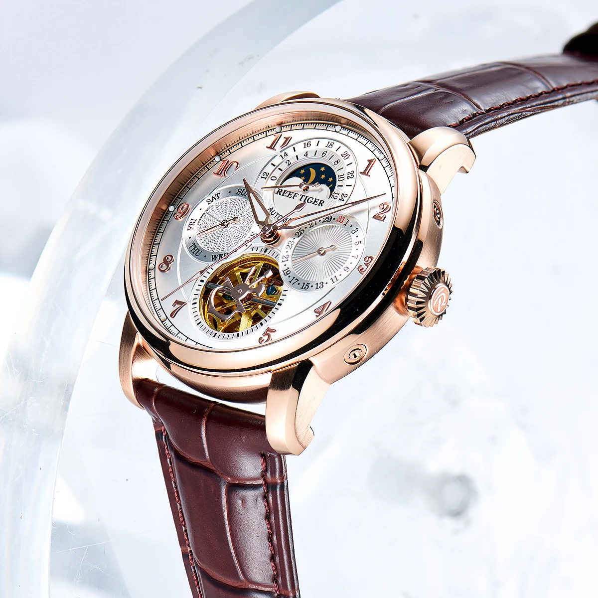 Reef Tiger Artist Master III Modische Herren-Automatikuhr mit 24-Stunden-Mondphase, Roségold, leuchtendes braunes Leder, klassisch, RGA1965