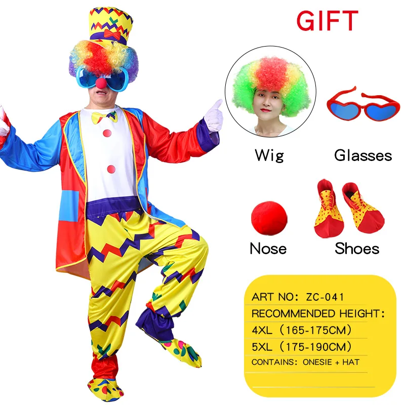 

Hot Adult Men Jumpsuit Funny Circus Clown Cosplay Costumes with Shoes and Glasses for Male Carnival Cosplay Party Dress Up