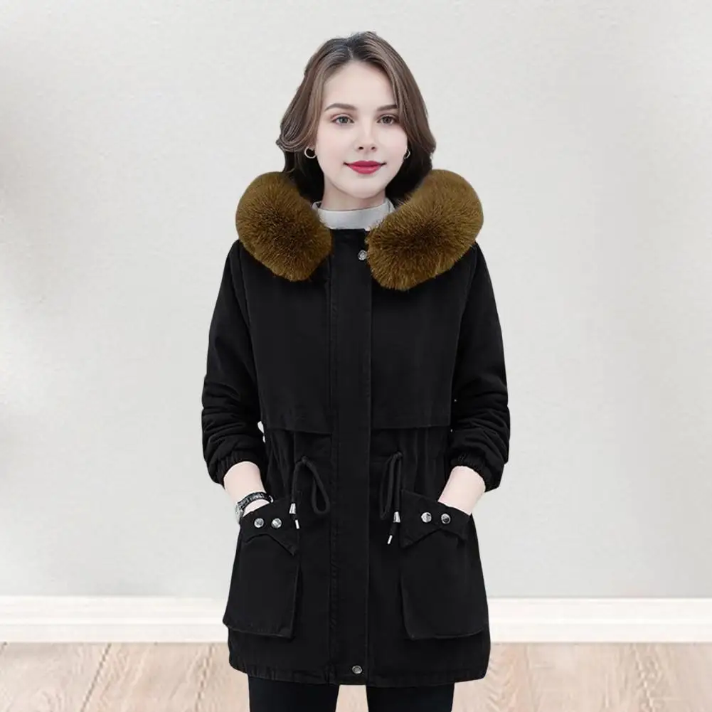 

Winter Jacket Stylish Winter Women's Cotton Parka With Furry Hood Drawstring Waist Zipper Closure Mid Length For Weather