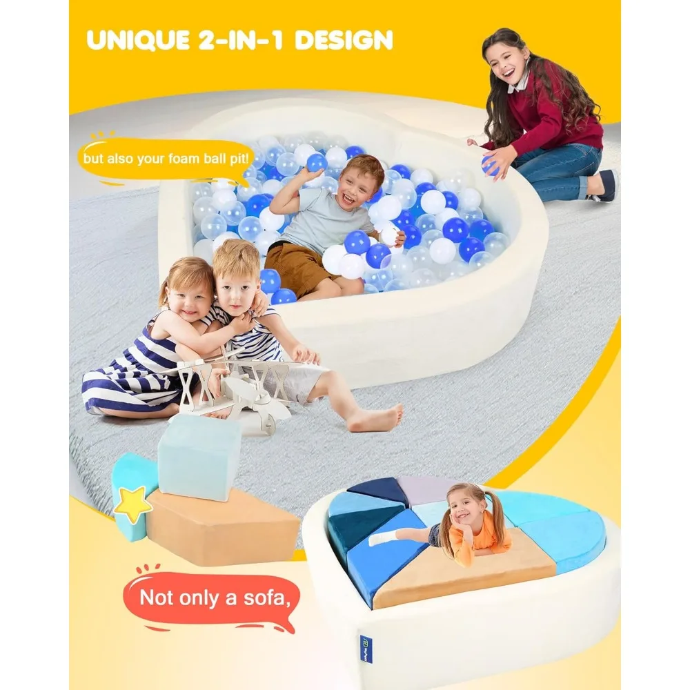 أريكة لعب الأطفال على شكل قلب قابلة للتحويل مع لغز تانجرام متكامل وميزة حفرة الكرة (الكرة غير متضمنة)