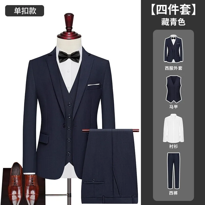 بدلة (سترة + سترة + بنطلون + قميص) ملابس عمل عصرية للرجال بلون سادة للرجال، بدلة أداء غير رسمية #3