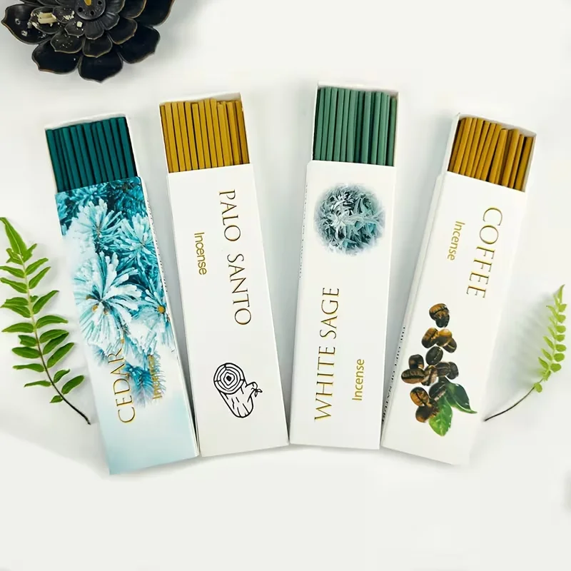 A Set of 128 Incense Sticks, with Four Different Scents: Coffee, Cedar, Sandalwood, and Sage. Each Aromatherapy Stick Is 12cm in Length, 2.7 mm in Diameter, and Made from Natural Ingredients. Perfect for Yoga and Meditation, It Also Freshens the Air.