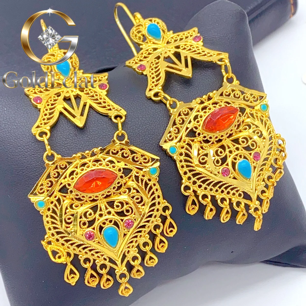 GoldEclat  WOMEN's 9999 24K Real Gold New Earrings Ethnic Style Indian Bride Hanging Earrings Nigeria Wedding Giftgift
